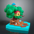 Wooden Tree House Building With Green Foliage Red Roof Yellow Walls Blue Tower And Wooden Platform