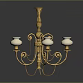 Ornate Golden Chandelier With White Glass Shades And Decorative Curved Arms For Home Decor