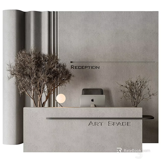 Modern Reception Background Wall With ART SPACE Sign Decorative Dry Branches Laptop And Round Lamp 3d model 