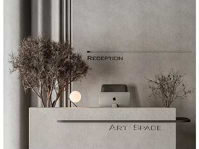Modern Reception Background Wall With ART SPACE Sign Decorative Dry Branches Laptop And Round Lamp 3d model