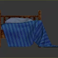 Single Bed with Wooden Frame Blue Striped Blanket Draped and Blue Pillow