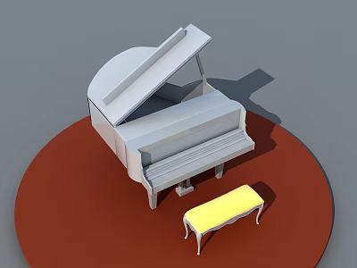 White Grand Piano With Yellow Bench On Red Circular Platform 3d model