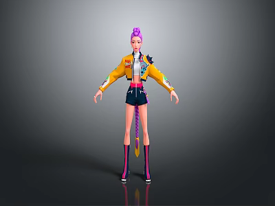 Stylish 3D Character With Purple Hair Yellow Jacket Black Shorts Long Socks Colorful Shoes 3d model