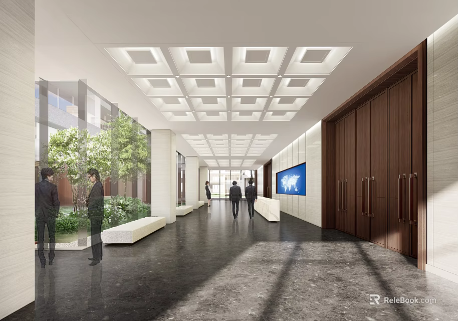 Modern Hotel Lobby With Spacious Interior Square Grid Ceiling Marble Flooring And Green Plants 3d model 