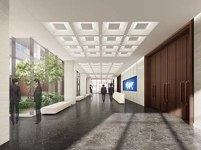 Modern Hotel Lobby With Spacious Interior Square Grid Ceiling Marble Flooring And Green Plants 3d model