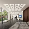 Modern Hotel Lobby With Spacious Interior Square Grid Ceiling Marble Flooring And Green Plants