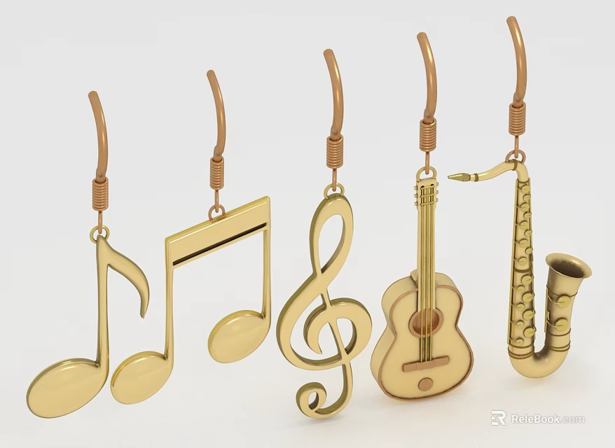 Golden Music Themed Earrings Featuring Music Note Treble Clef Guitar Saxophone Shapes Fashion Accessory 3d model 