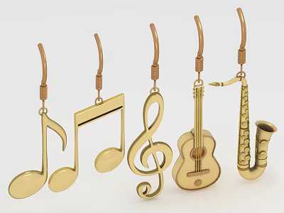 Golden Music Themed Earrings Featuring Music Note Treble Clef Guitar Saxophone Shapes Fashion Accessory 3d model
