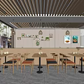Cozy Restaurant Interior With Wooden Slat Ceiling Tables Chairs Green Plants And Posters