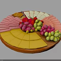 Round Colorful Wooden Platter With Sliced Ham Cheese Grapes And Strawberries