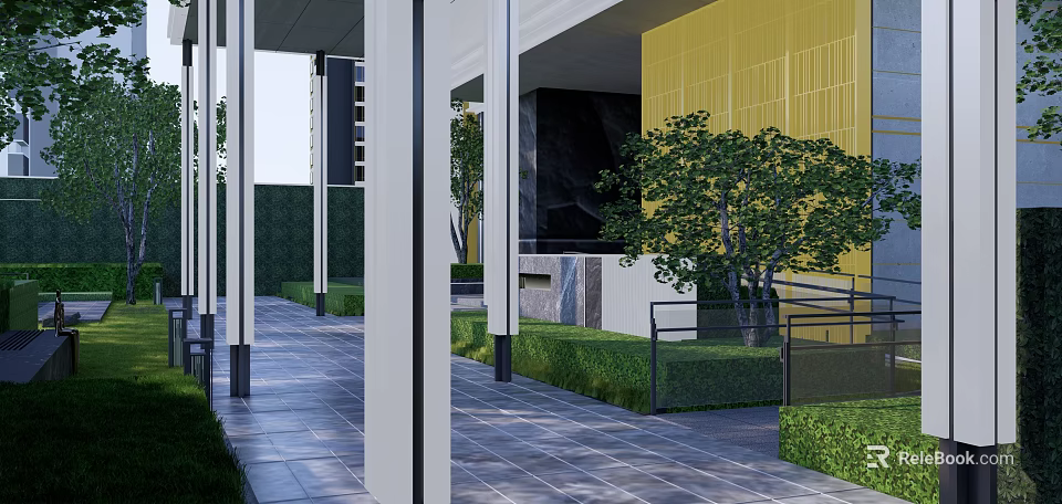 Garden Landscape With Covered Walkway White Pillars Tiled Path Green Shrubs Yellow Wall Black Structure 3d model 