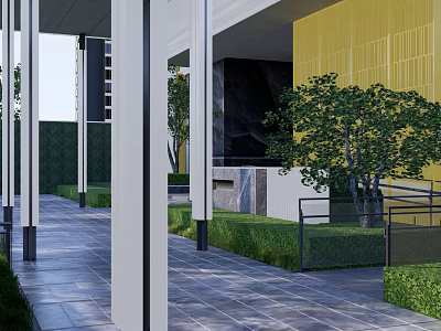 Garden Landscape With Covered Walkway White Pillars Tiled Path Green Shrubs Yellow Wall Black Structure 3d model