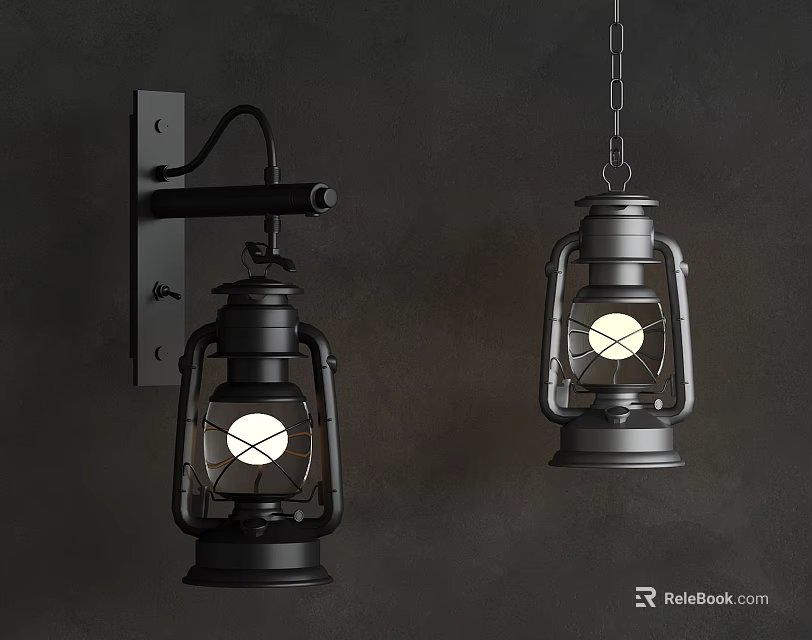 Vintage Lantern Lights Wall Mounted And Hanging Black Metal Design With Glowing Bulb 3d model 