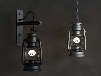 Vintage Lantern Lights Wall Mounted And Hanging Black Metal Design With Glowing Bulb 3d model