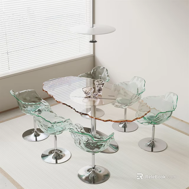 Modern Glass Dining Table Set With Transparent Chairs And Metal Base 3d model 