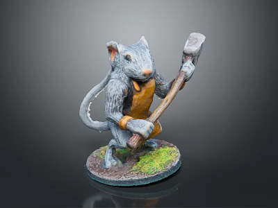 Game Movie Character Mouse Holding Hammer Wearing Yellow Apron Standing On Grass Covered Base 3d model