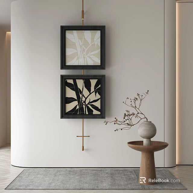 Minimalist Abstract Painting with Black Frame Hanging on White Wall for Interior Decor 3d model 