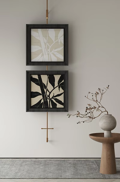 Minimalist Abstract Painting with Black Frame Hanging on White Wall for Interior Decor 3d model