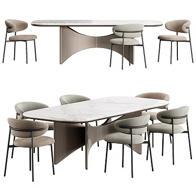 Minimalist Modern Dining Table Set With Marble Top Upholstered Chairs And Metal Legs 3d model
