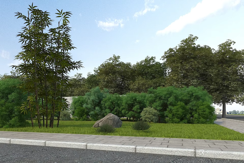 Municipal Road Green Landscape With Trees Shrubs Lawn Stone Pavement And Rock 3d model 