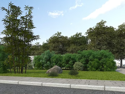Municipal Road Green Landscape With Trees Shrubs Lawn Stone Pavement And Rock 3d model