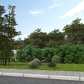 Municipal Road Green Landscape With Trees Shrubs Lawn Stone Pavement And Rock