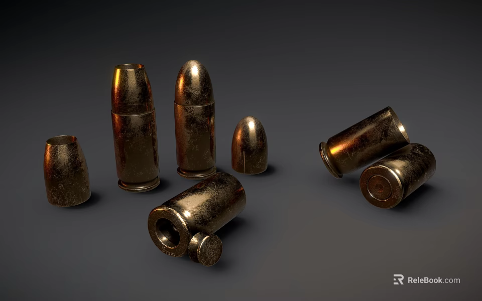 Metallic Brass Bullets In Different Sizes Standing And Tilted On Dark Background 3d model 