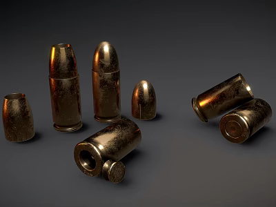 Metallic Brass Bullets In Different Sizes Standing And Tilted On Dark Background 3d model
