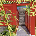 Traditional Chinese Style Teahouse with Red Gate Golden Door Nails Stone Lions and Red Lanterns