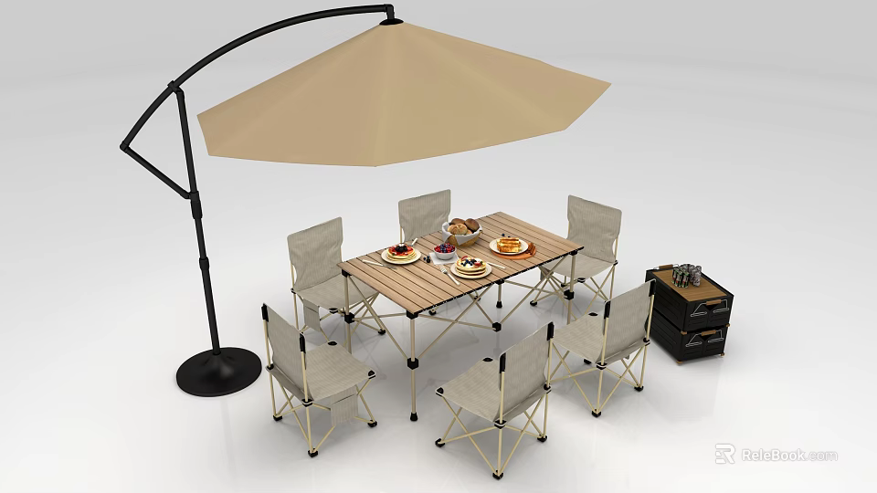 Cozy Outdoor Dining Setup With Beige Umbrella Wooden Table Chairs Food Plates And Small Crate 3d model 