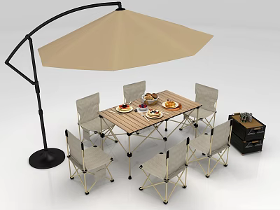 Cozy Outdoor Dining Setup With Beige Umbrella Wooden Table Chairs Food Plates And Small Crate 3d model