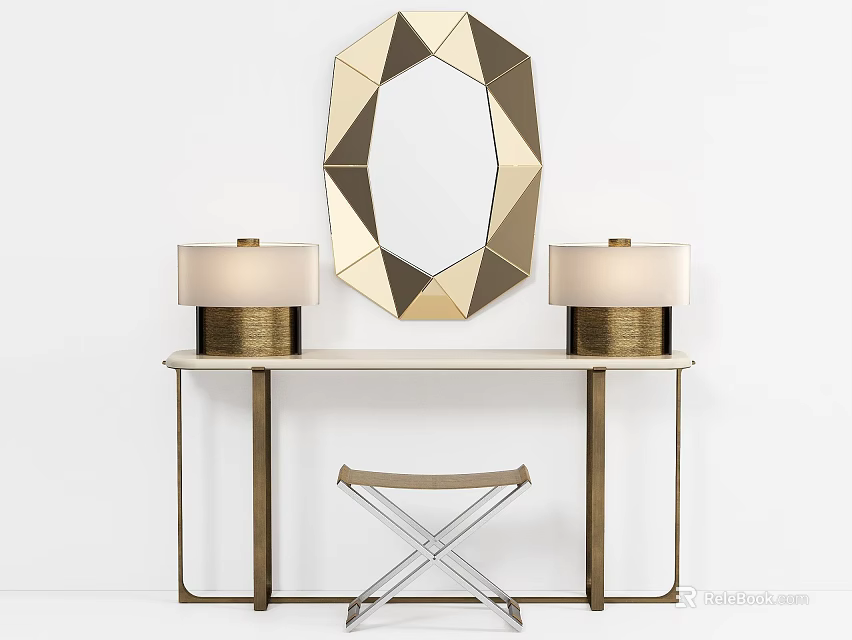 Modern Console Table With Geometric Gold Mirror Table Lamps And Folding Stool 3d model 