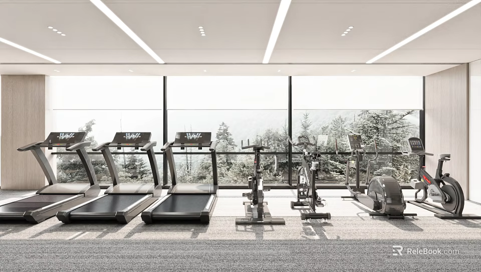 Well Lit Recreation Room With Fitness Equipment And Scenic View 3d model 