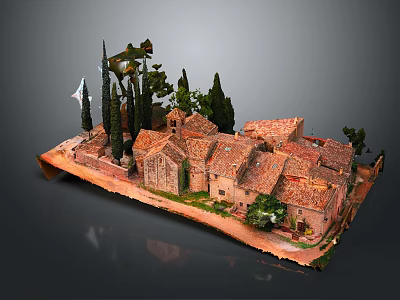 Cartoon Village Scene with Red Tiled Roof Buildings and Green Trees in Cozy Layout 3d model