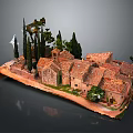 Cartoon Village Scene with Red Tiled Roof Buildings and Green Trees in Cozy Layout