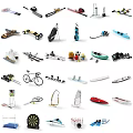 Various Sports Equipment Types Including Skateboards Bicycles Surfboards Skis and Tennis Gear