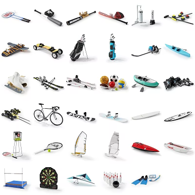 Various Sports Equipment Types Including Skateboards Bicycles Surfboards Skis and Tennis Gear 3d model