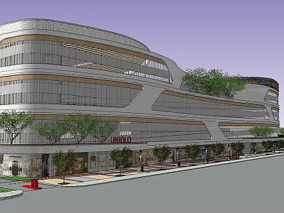 Modern Commercial Complex With Curved Exterior Glass Curtain Walls And Surrounding Trees Street Lamps 3d model