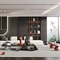 Modern Living Room Interior With White Sofa Black Coffee Table Circular Wall Decor And Shelves