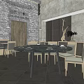 Chinese Style Restaurant Interior With Brick Wall Wooden Door And Tea Sets