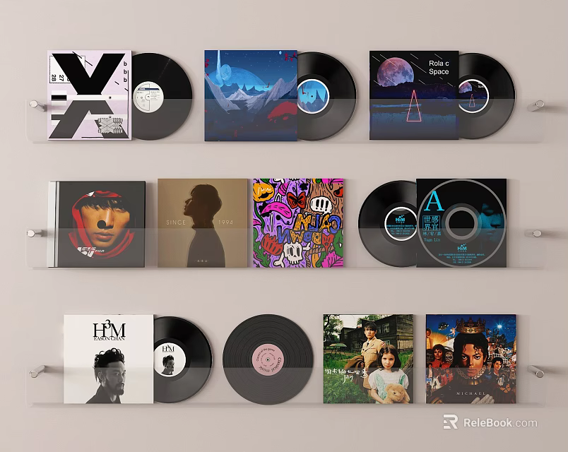 Vinyl Record Wall Mounted Display Rack Showcasing Colorful Album Covers And Vinyl Discs 3d model 