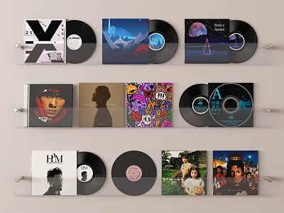 Vinyl Record Wall Mounted Display Rack Showcasing Colorful Album Covers And Vinyl Discs 3d model