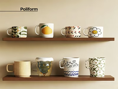 Colorful Decorative Cups With Various Patterns On Wooden Display Shelves 3d model