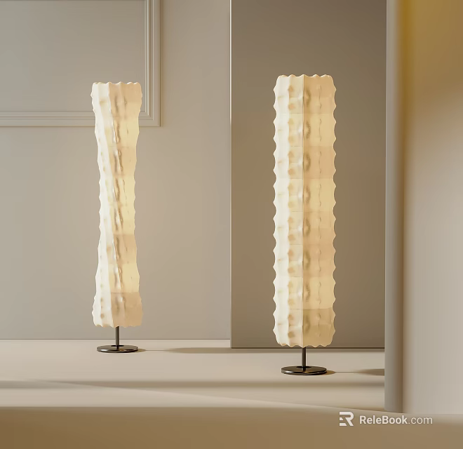 Two Unique Floor Lamps With Textured Shades In Minimalist Room 3d model 