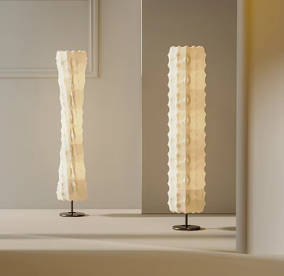 Two Unique Floor Lamps With Textured Shades In Minimalist Room 3d model