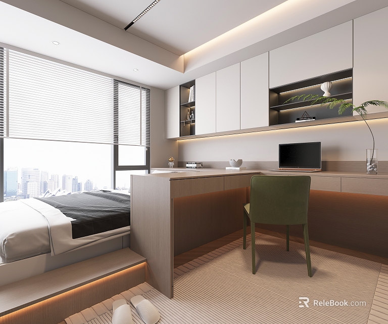 Modern Tatami Bedroom Interior Design With Multifunctional Desk Chair Storage Cabinets And Natural Light 3d model 
