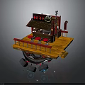 Small Traditional Food Stall Building With Wooden Platform Red Seats Signboard And Suspended Wheels
