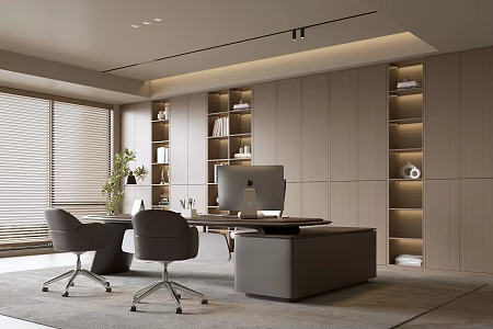Modern office background wall bookcase office bookcase background wall solid wood office desk and chair combination 3d model