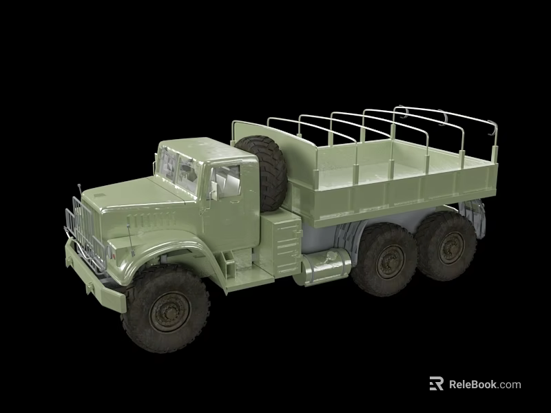 Green Military Style Six Wheel Utility Truck With Open Cargo Bed And Metal Railings 3d model 