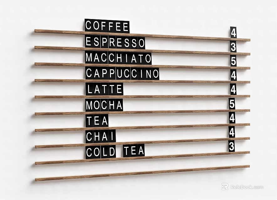 Wooden Strips Wall Decor With Coffee Tea Beverage Names And Numbers 3d model 